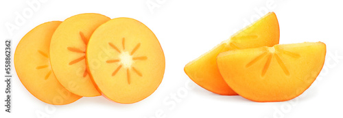 persimmon slice isolated on white background. Top view. Flat lay pattern