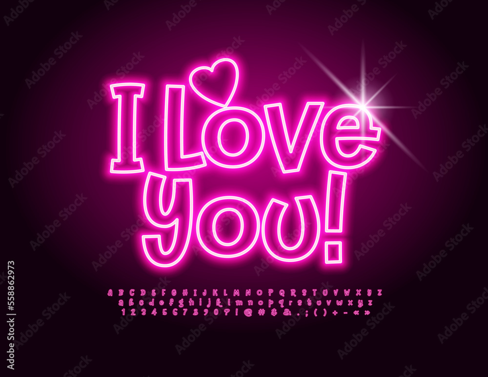 Vector trendy greeting card I Love You with decorative Heart. Cute glowing Font. Pink Neon Alphabet Letters, Numbers and Symbols set