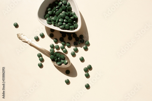 Spirulina tablets in a spoon on a white background with contrast shadows. Flat style.