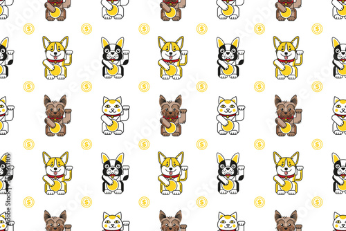 Fototapeta Naklejka Na Ścianę i Meble -  Lucky cat with bulldog, corgi, Yorkshire pattern