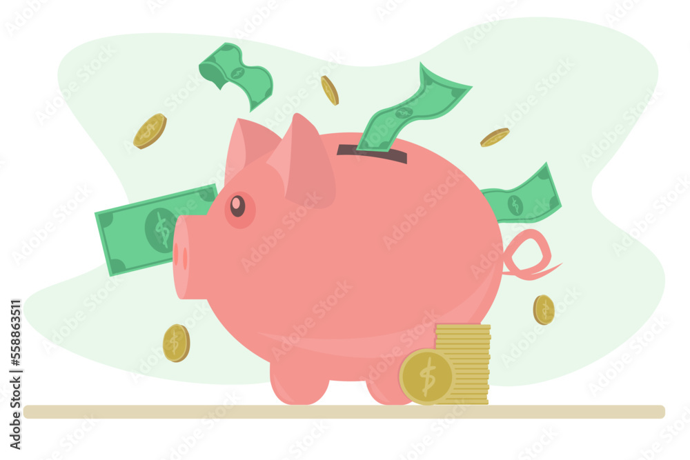 Money saving piggy bank with cash. Inflation concept. Money saving piggy bank with cash. Inflation concept.