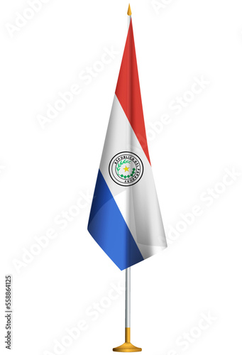 Isolated small national flag of Paraguay vector with golden flagpole.Standing miniature flag of Paraguay