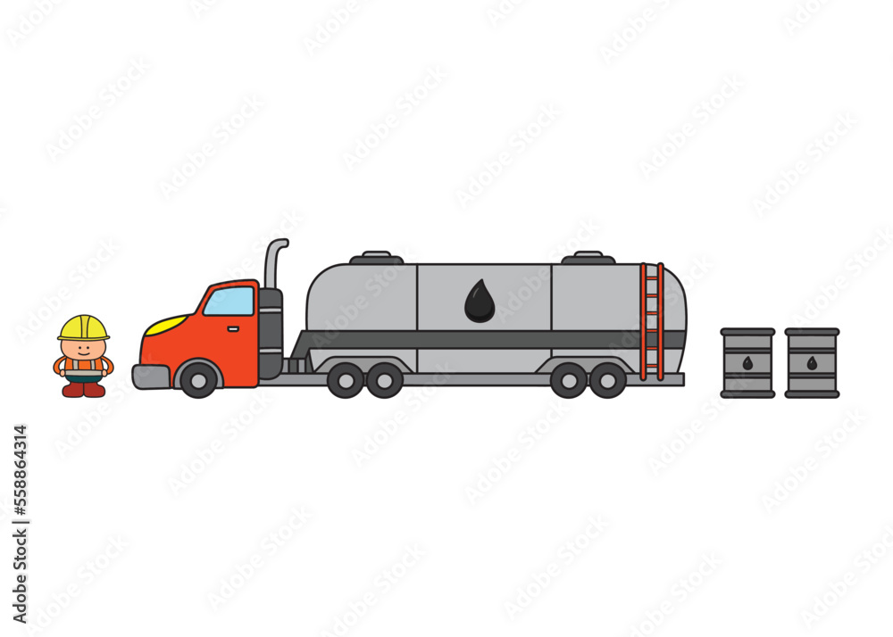 vector illustration Hand drawn color children construction set fuel truck with fuel barrels and construction worker clip art
