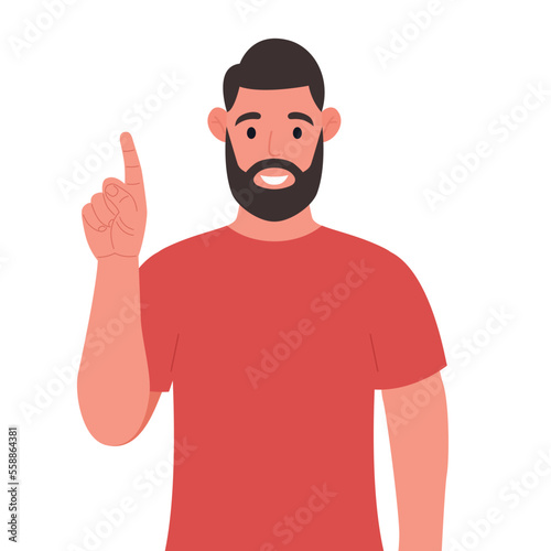 Bearded man pointing up finger while standing and smiling. Concept of a great idea. Vector illustration.