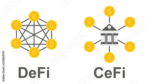 Decentralized finance and centralized finance.DeFi vs CeFi. Vector Illustration
