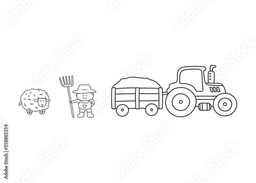 Hand drawn color children Tractor hay carrier with farmer and sheep
