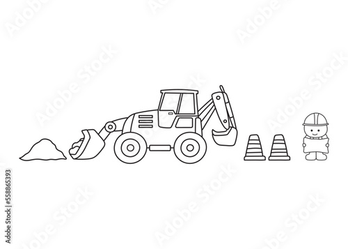 Hand drawn color children construction backhoe and construction worker holding a map
