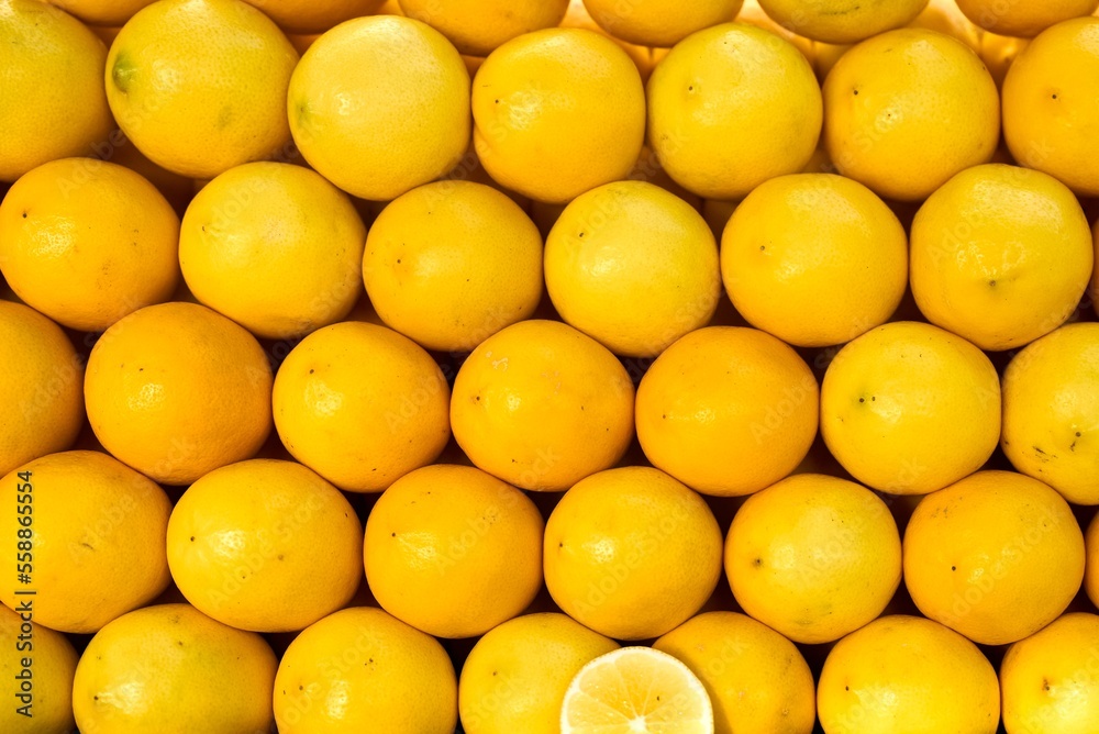 Lemons At Market. Colorful Display Of Lemons In A Market