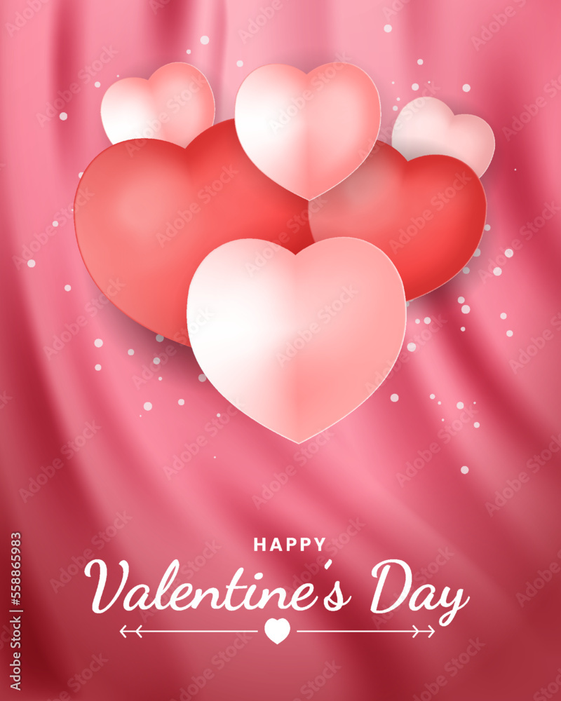 Valentines day background template with 3D realistic love heart and Silk Texture. Holiday banner, web poster, flyer, stylish brochure, greeting card, cover. 