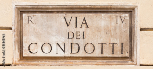 Rome, Italy. Street plate of the famous Condotti Road - Via dei Condotti - center of the Roman luxury shopping.