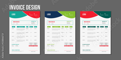 Minimal corporate Business multiple color variation a4 size invoice design template vector illustration bill form price invoice, Creative invoice template vector and business stationery design