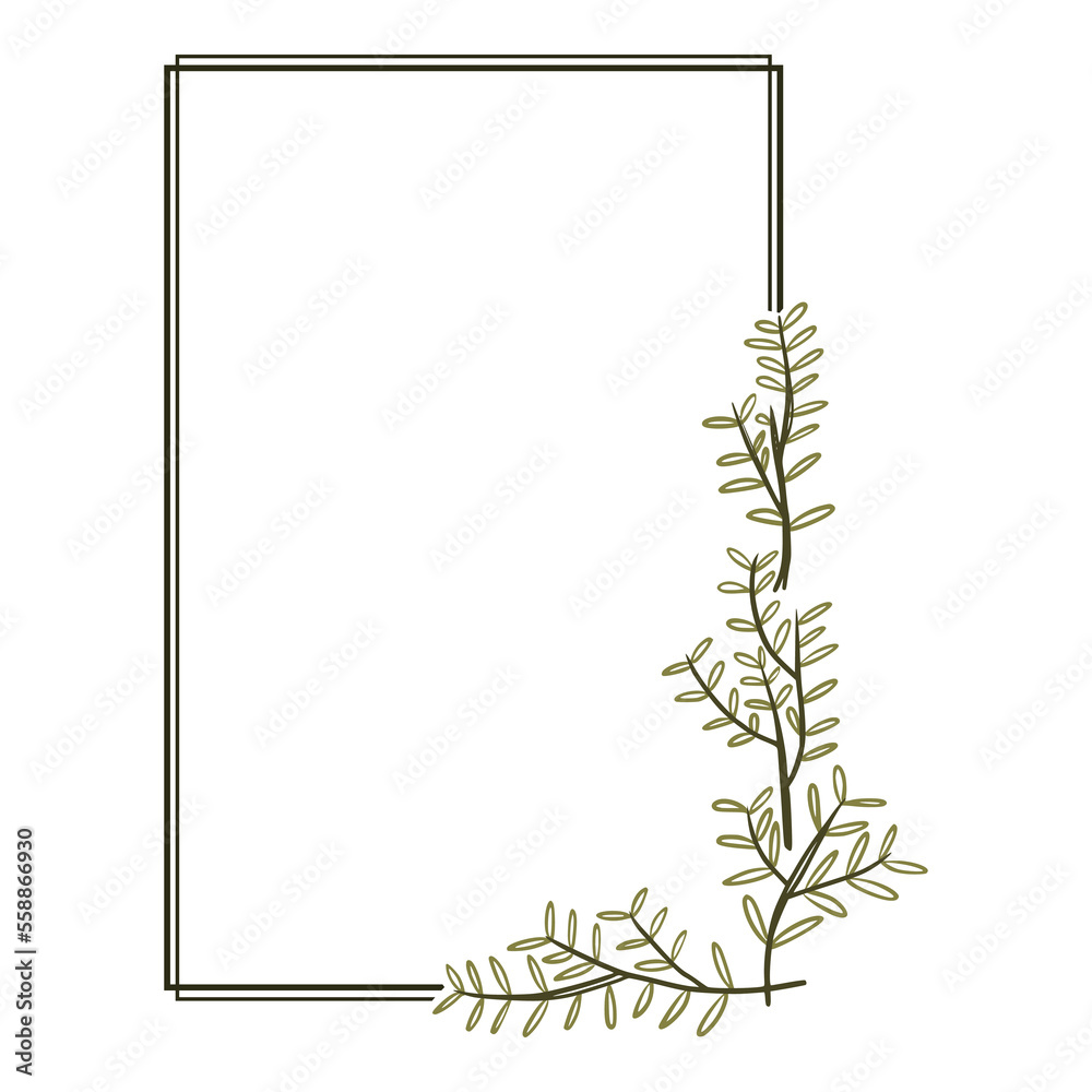 Obraz premium elegant outline branch with green leaves and rectangle frame shape for wedding invitation ornament