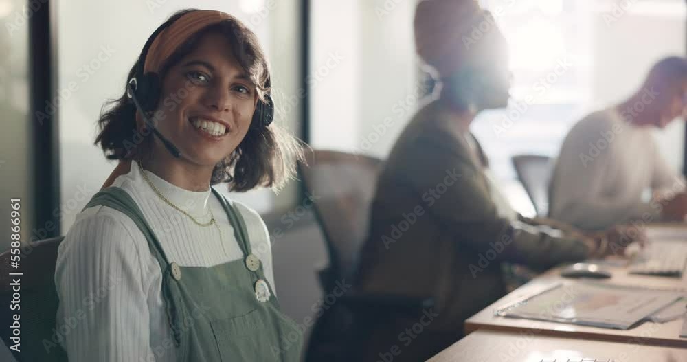 Telemarketing, call center and face of a woman in customer service, crm consulting and online support. Contact us, customer support and portrait of a consultant with a smile for help desk work Telemarketing, call center and face of a woman in customer service, crm consulting and online support. Contact us, customer support and portrait of a consultant with a smile for help desk work