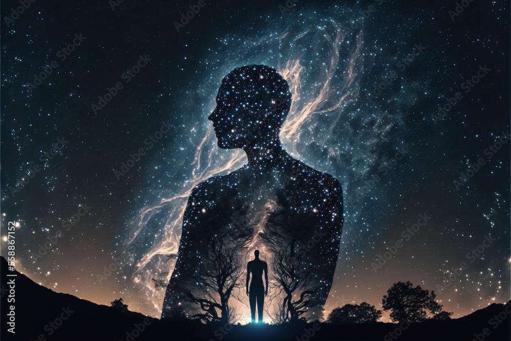 Silhouette of a person standing in front of night sky with galaxy. Designed using Generative AI. Silhouette of a person standing in front of night sky with galaxy. Designed using Generative AI.