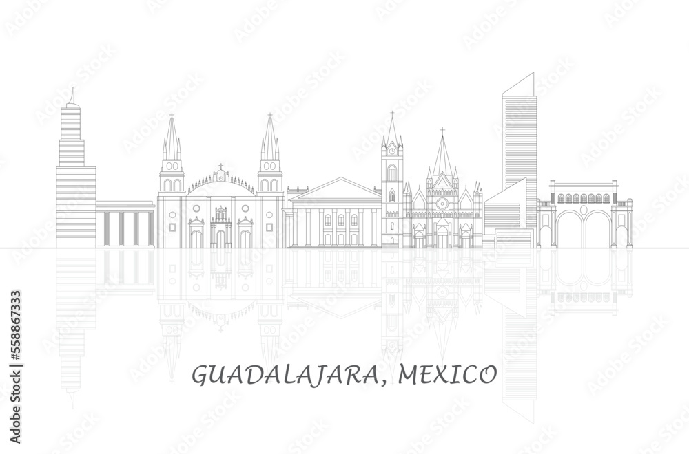 Outline Skyline panorama of city of Guadalajara, Mexico - vector illustration