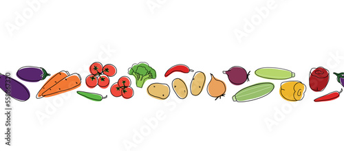 Outline vegetables seamless banner with colored elements . Collection different types of vegetables in line art drawing style.