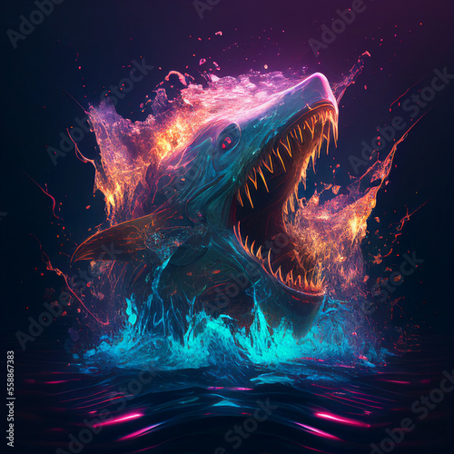 Abstract water monster breaking the surface of the water, scary with large teeth. (AI Generated)