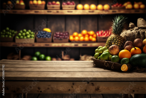 Empty wood table top on shelf, Vegetable and Fruits Groccery Store blurred background photo