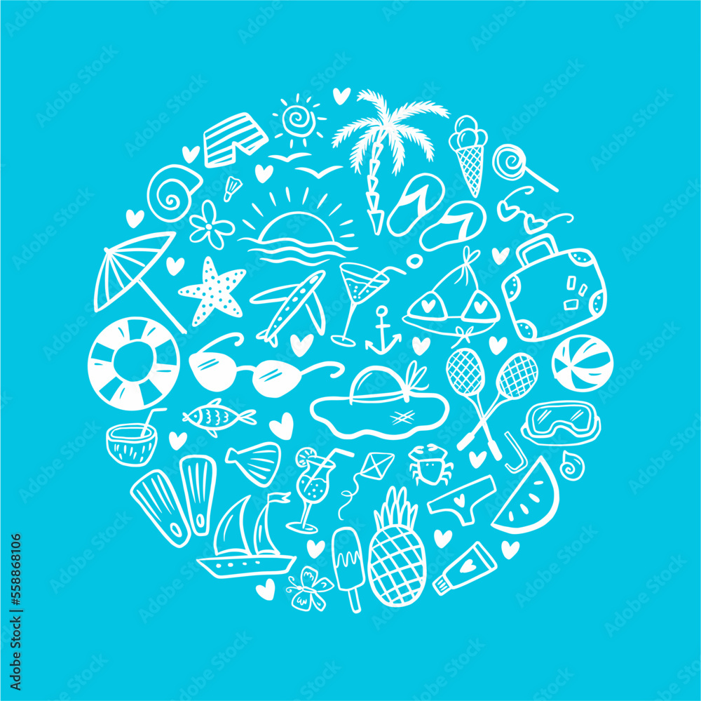 Obraz premium Vector, circle-shaped illustration with summer elements hand-drawn in doodle style