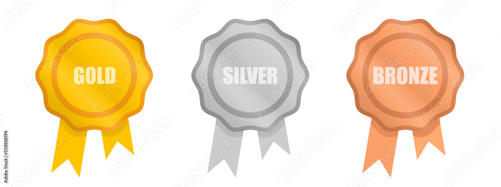 Gold, silver and bronze medals. Champion and winner medal set with ribbon. Gold, silver and bronze medals. Champion and winner medal set with ribbon.