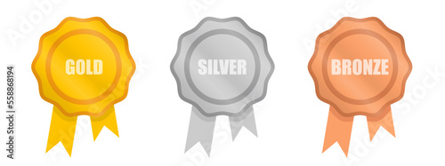 Gold, silver and bronze medals. Champion and winner medal set with ribbon.