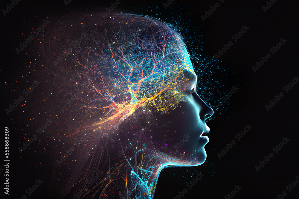 Human head with glowing neurons in brain. Esoteric and meditation concept. Connection with other worlds. Creates with Generative AI - obrazy, fototapety, plakaty 