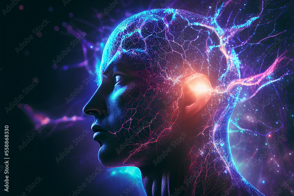 Human head with glowing neurons in brain. Esoteric and meditation concept. Connection with other worlds. Creates with Generative AI Human head with glowing neurons in brain. Esoteric and meditation concept. Connection with other worlds. Creates with Generative AI