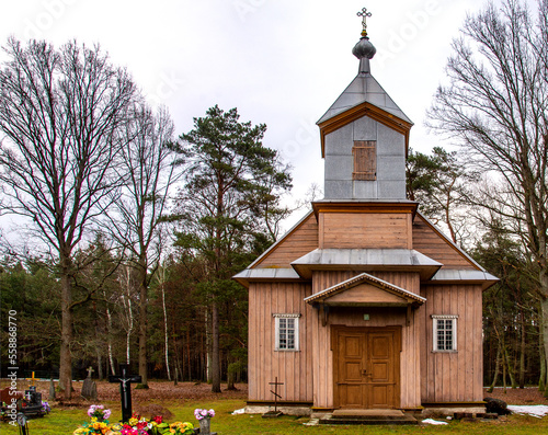 Built in 1894, a wooden Orthodox cemetery chapel of the Sacrifice of the Most Holy Mother of God near the village of Trześcianka in Podlasie, Poland.