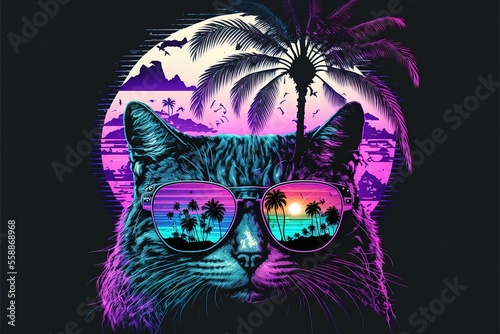 Retro wave synth vaporwave portrait of a cat in sunglasses with palm trees reflection. 80s sci-fi futuristic fashion poster style violet neon aesthetics. Generative AI