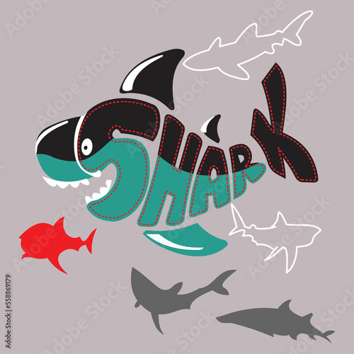 HAPPY SHARK WITH others water animals  SLOGAN PRINT VECTOR 