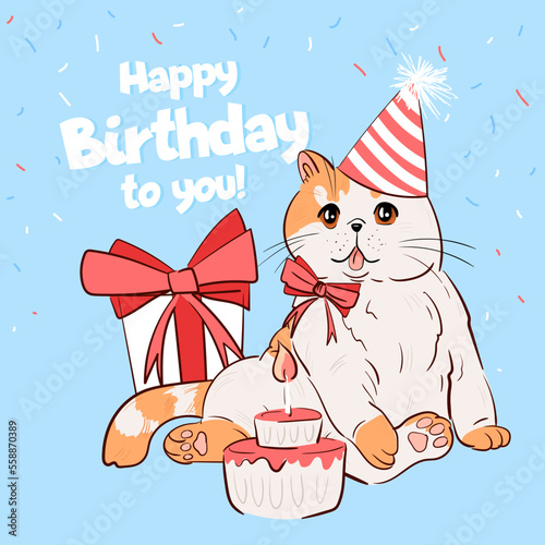 Happy birthday greeting card with illustration of cute cat with gift