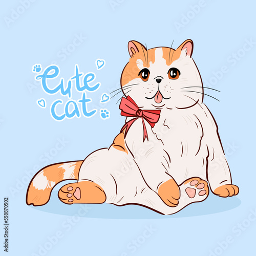 Vector illustration of a cute cat with a bow on a light background