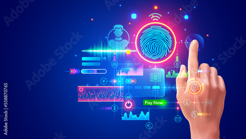 Authorization with fingerprints in banking app for payment. System of Identify person in internet service. Digital access with biometric data technology. Scanner scanning index finger on hand user.