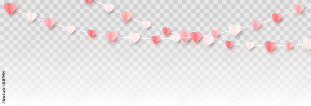 Vector multicolor hanging paper hearts png. Heart shaped paper confetti png. Garland of hearts png. Hearts for Valentine's Day, March 8, Mother's Day. - obrazy, fototapety, plakaty 