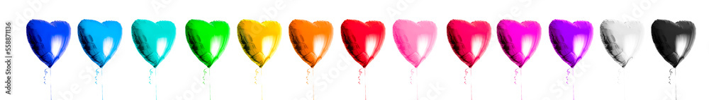 Set of colorful heart shaped balloons isolated on a white background. Valentines day. Love symbol. Beautiful birthday party gift. Different bright colors. Floating objects. Inflatable by helium gas.