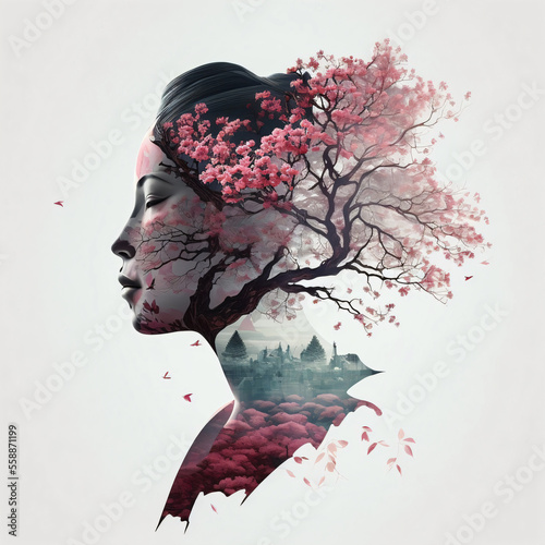 Geisha with floral design and cherry blossom. Designed using generative ai.