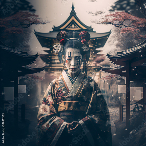 Concept of Geisha with ancient temple. Designed using generative ai. 