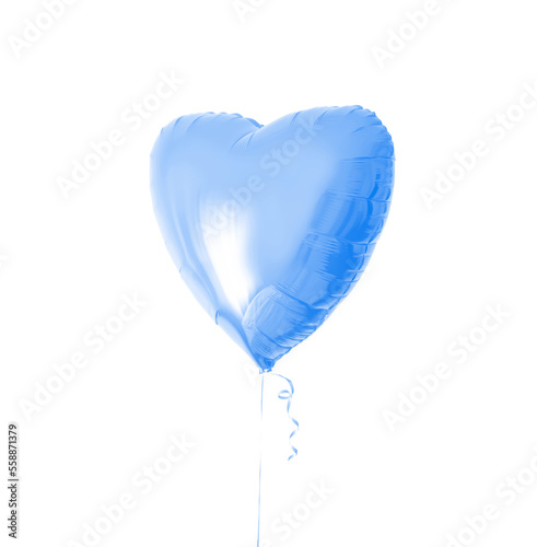 One light blue heart shaped balloon with ribbon isolated on white background. Beautiful birthday party gift. Floating object. Inflatable ball by helium gas. Valentines day gift. Love symbol. Boyish.