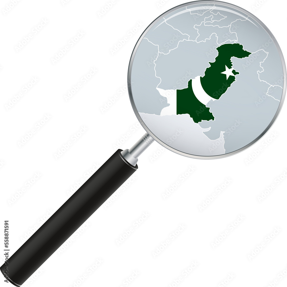 Pakistan map with flag in magnifying glass. Pakistan map with flag in magnifying glass.