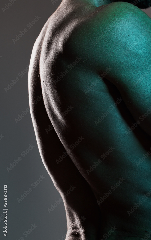 Man, body or muscles on dark studio background and blue light aesthetic, fitness goals or workout progress. Zoom, back skin or bodybuilder model and exercise, training or healthcare wellness strength