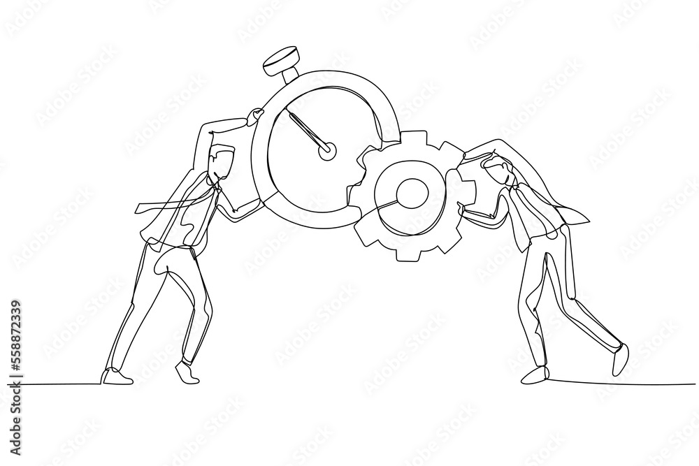 Fototapeta premium Drawing of businessman combine clock with and gear cogwheel concept of time management and production. Single continuous line art style