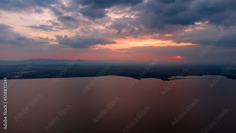 Over the dam and large river in Pasak dam in Thailand during the rainy season with a flood pandemic.