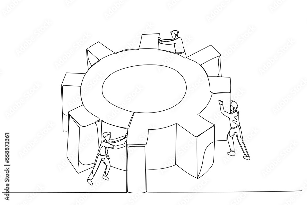 Cartoon of businessman spinning cogwheel gear together with team concept of hard work team. One line art style Cartoon of businessman spinning cogwheel gear together with team concept of hard work team. One line art style