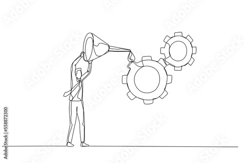 Drawing of businessman oiling gear cogwheel to make it work properly metaphor of quality control and management. Continuous line art