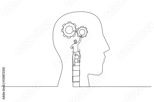 Cartoon of businessman using the ladder and installing gear on people head concept of thinking. One line style art