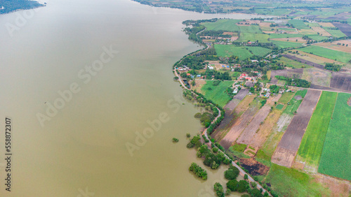 Over the dam and large river in Pasak dam in Thailand during the rainy season with a flood pandemic.