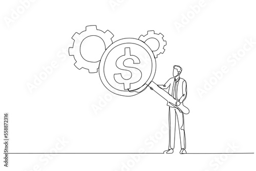 Drawing of businessman with magnifier showing dollar money reflection looking at gear cogwheel concept of cost efficient. Continuous line art style