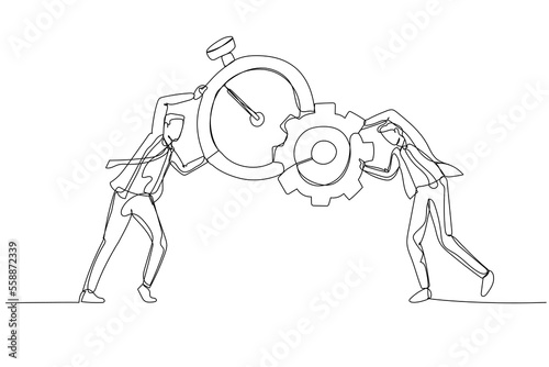 Drawing of businessman combine clock with and gear cogwheel concept of time management and production. Single continuous line art style