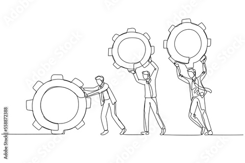 Drawing of businessman and colleague people holding cogwheels gear teamwork make dreamwork organization. Continuous line art style photo