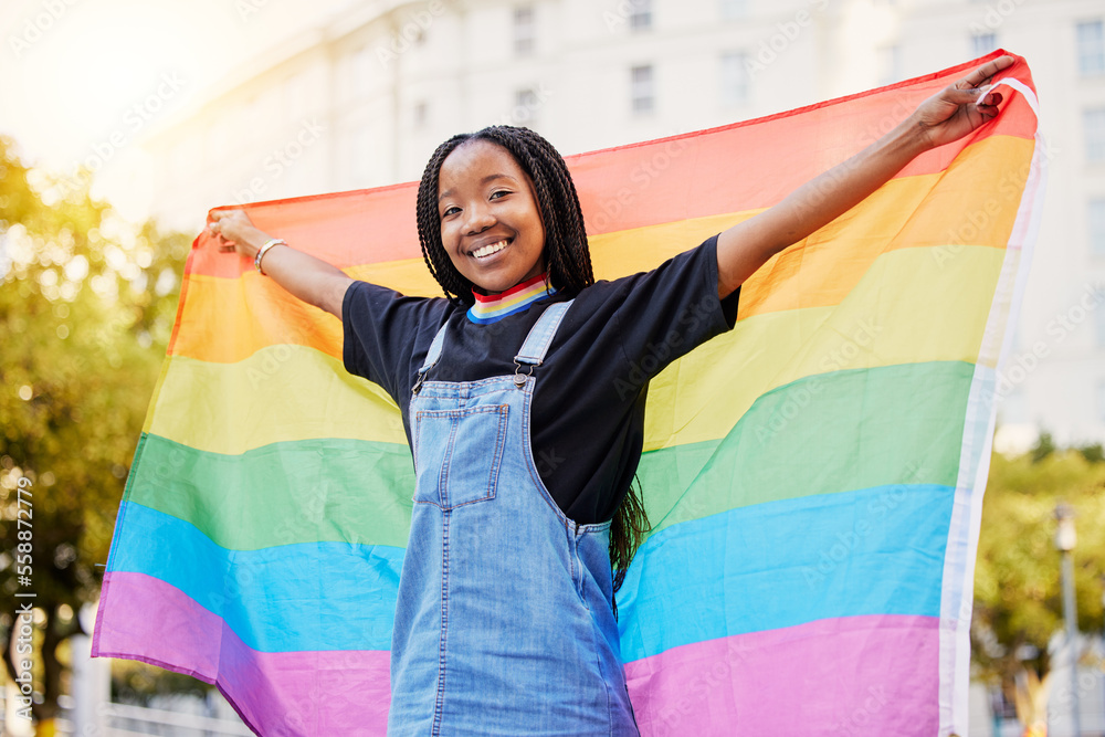 Black gay woman rainbow flag and lgbtq pride with a smile for